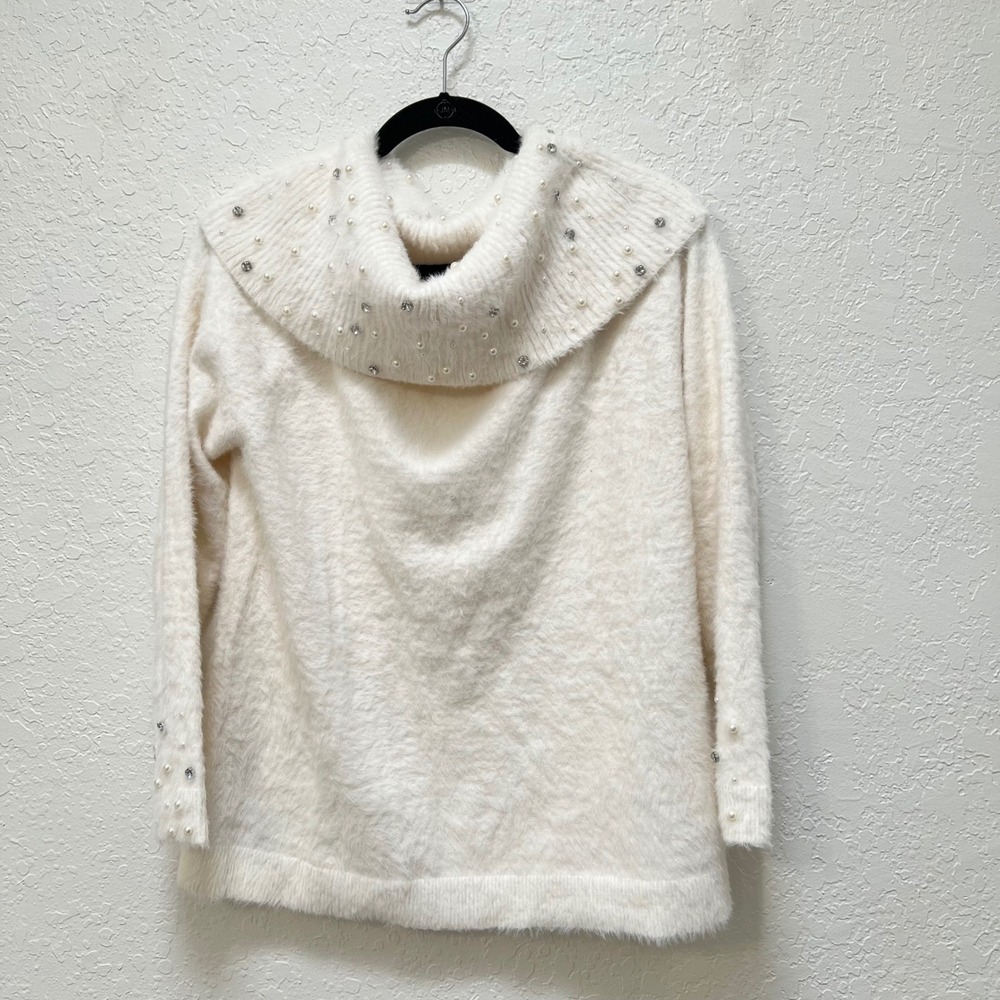 Soft Surroundings Ivory Fuzzy Pearl Rhinestone Cowl Neck Sweater Womens L Chic